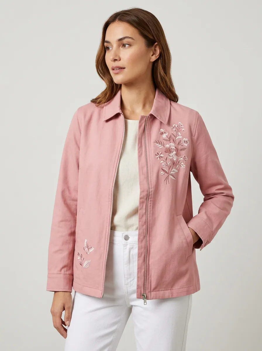 Women's Floral Butterfly Pink Embroidered Zip-up Jacket