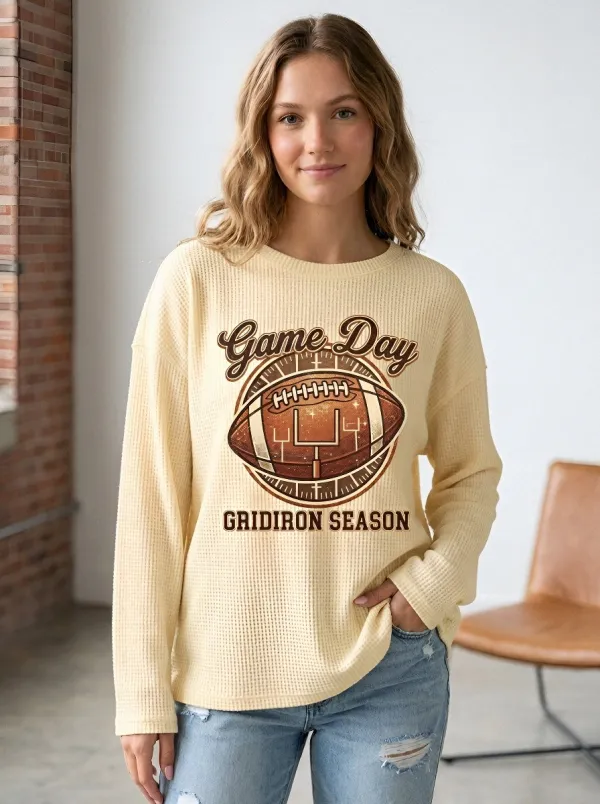 Women's Football Fan Game Day Gridiron Season Printed Waffle T-Shirt