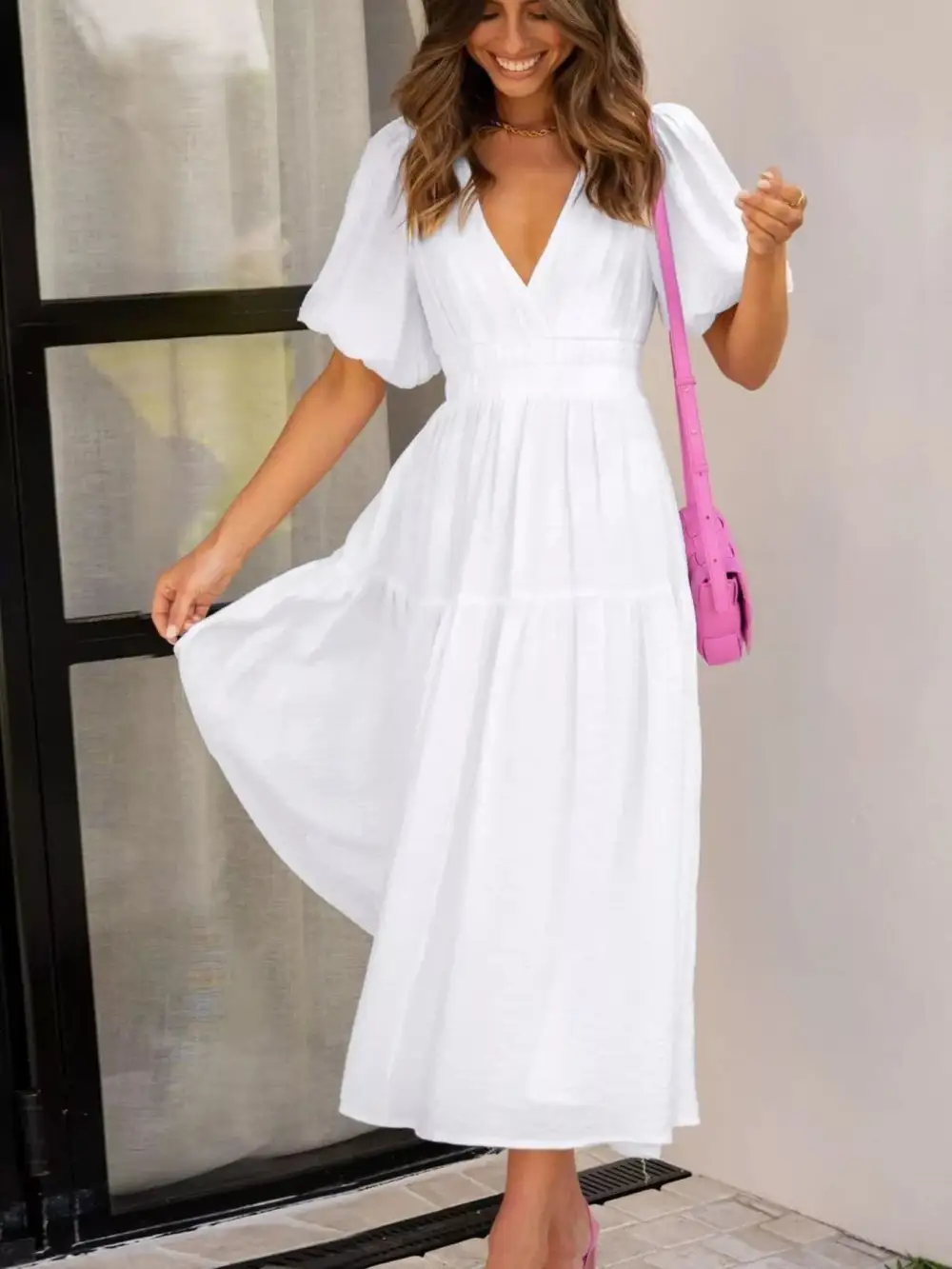 V Neck Puff Sleeve Midi Dress