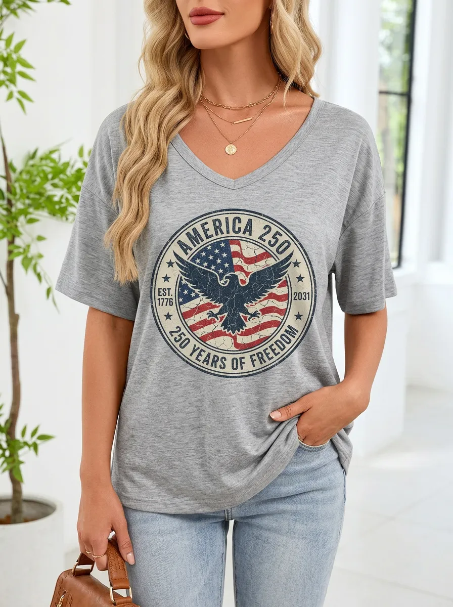 Women's USA Patriotic Eagle America 250 Printed V-neck T-shirt