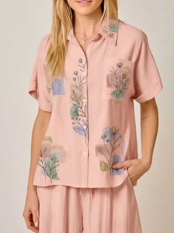 Women's Boho Floral Abstract Geometric Printed Button-Down Shirt