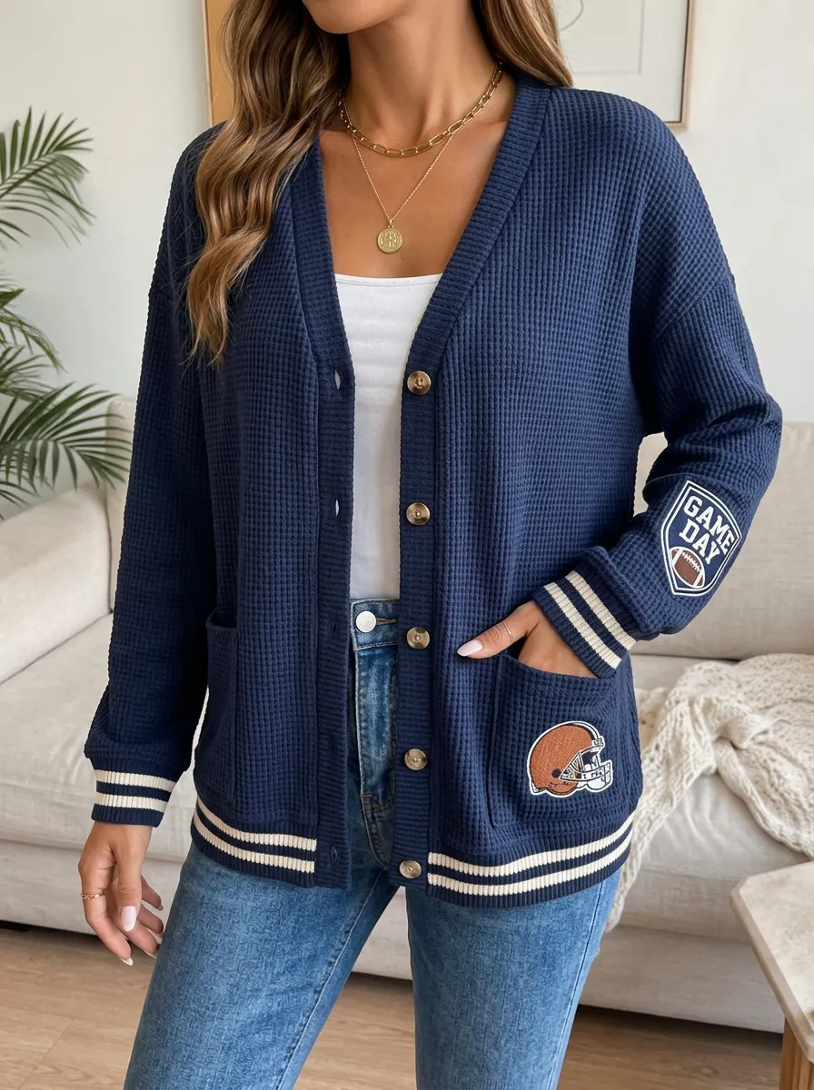 Women's Heritage Football Fan Game Day Helmet Printed Waffle Cardigan