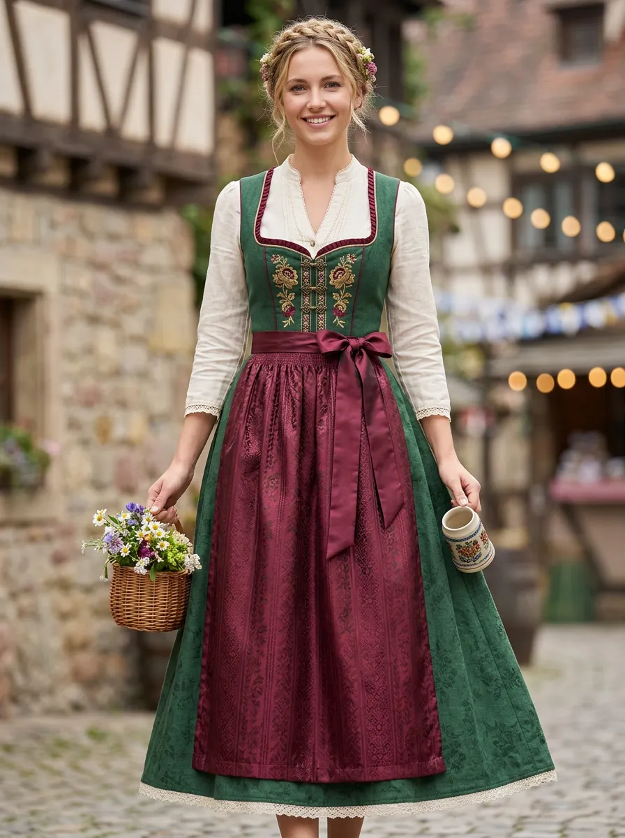 Floral Embroidered Traditional Women's Bavarian Oktoberfest Dirndl Dress