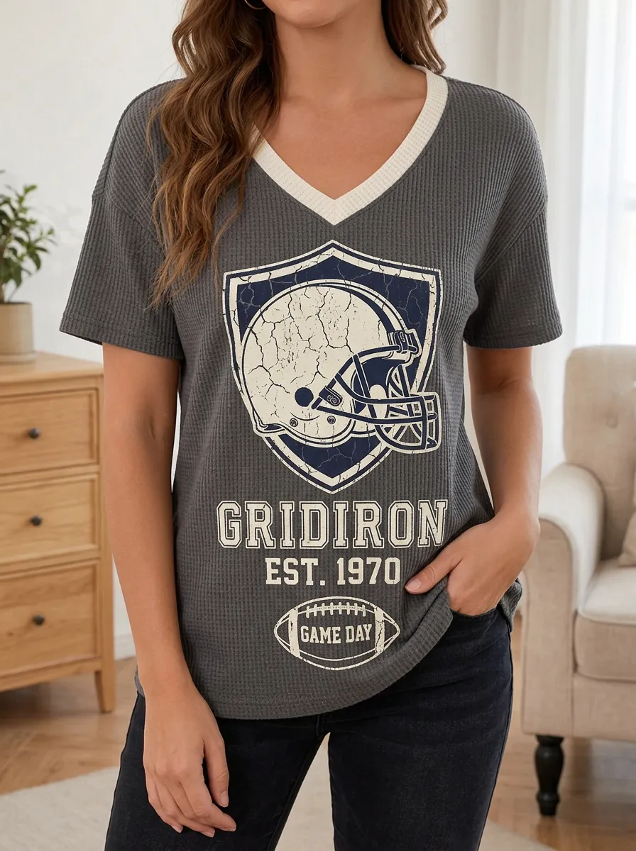 Women's Football Fan Gridiron Helmet Printed Waffle Knit Top