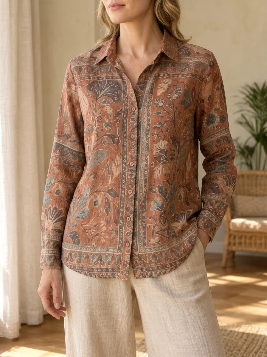 Women's Meadow Boho Floral Pattern Terracotta Shirt