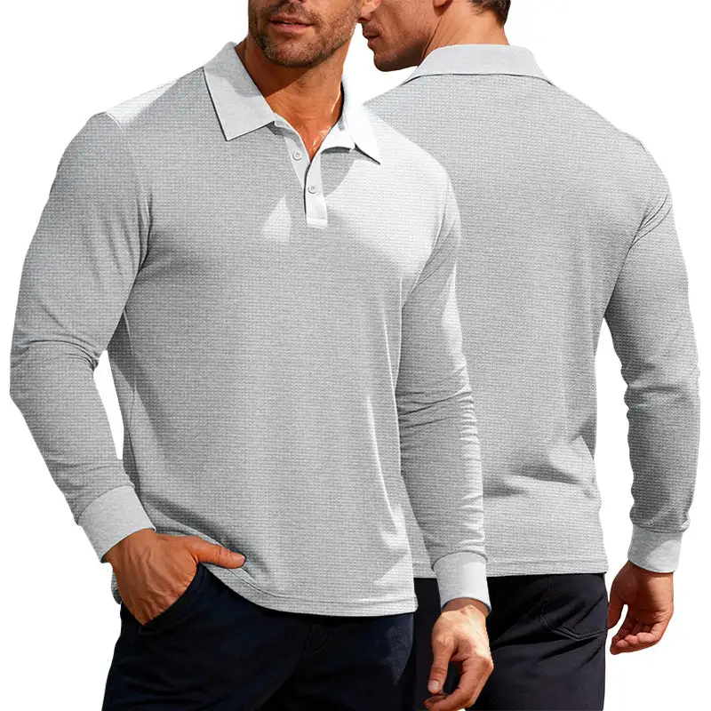 Waffle Texture Button Placket Long Sleeve Slim Fit Polo Shirt