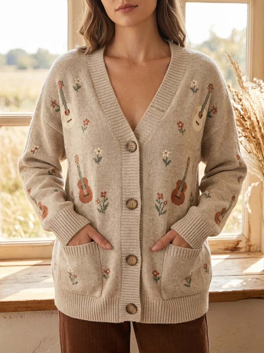 Western Guitar Floral Women's Country Music Casual Cardigan