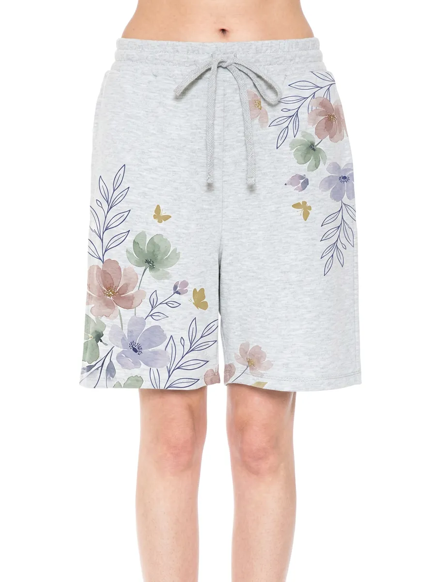 Women's Floral Butterfly Watercolor Printed Drawstring Shorts