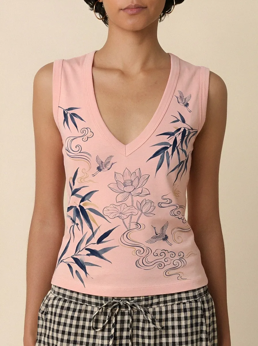 Women's Oriental Art Lotus Crane Bamboo Printed Tank Top