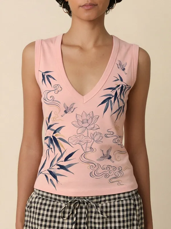 Women's Oriental Art Lotus Crane Bamboo Printed Tank Top
