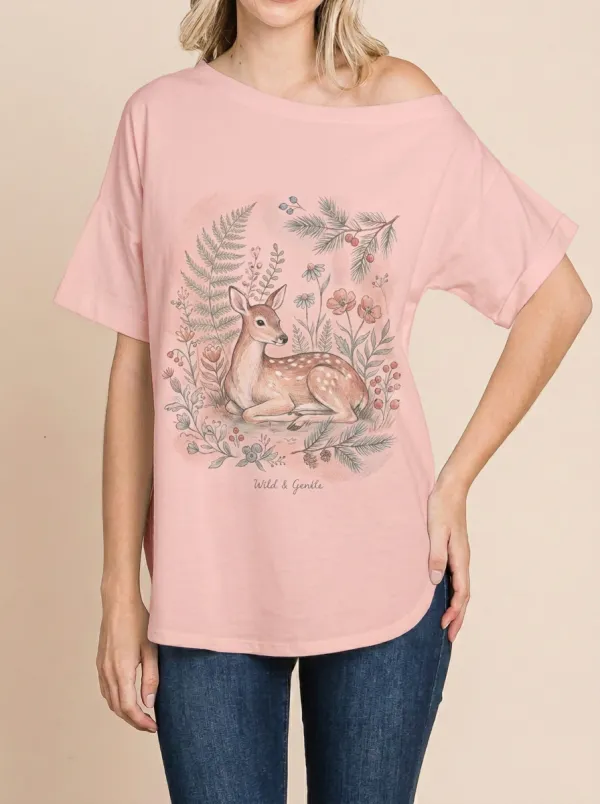 Women's Nature Lover Fawn Floral Printed T-shirt