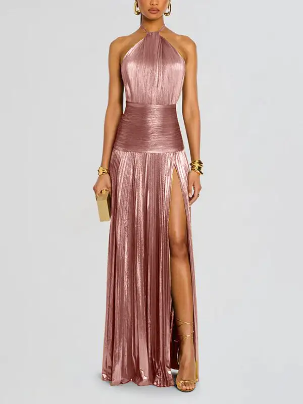 Elasticated Pleated Sleeveless Neck Maxi Dress