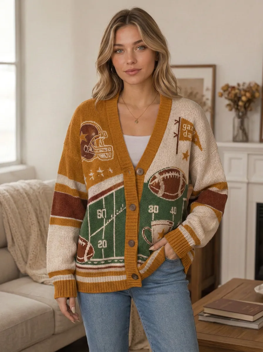 Women's Classic Gridiron Helmet Ball Game Day Knit Cardigan