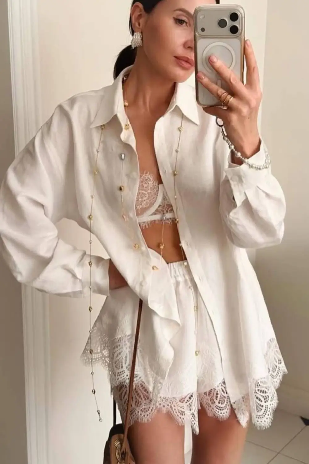 Emma Lapel Long-Sleeve Shirt & Lace-Paneled Shorts Set