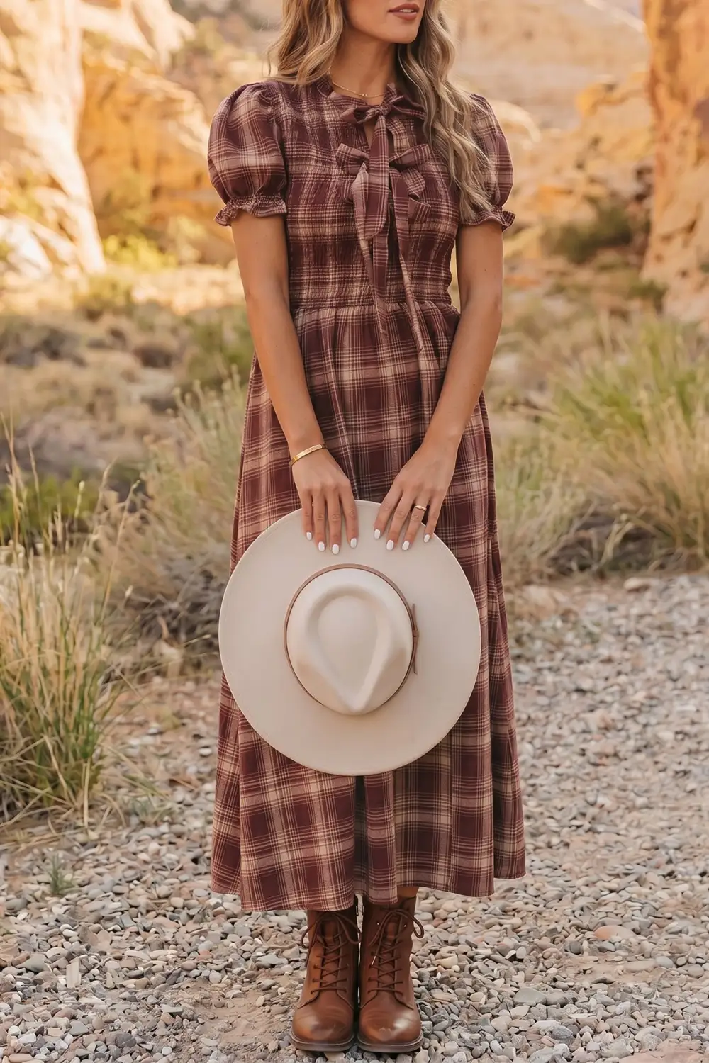 Vintage Plaid Knot Front Smocked High Waist Midi Dress
