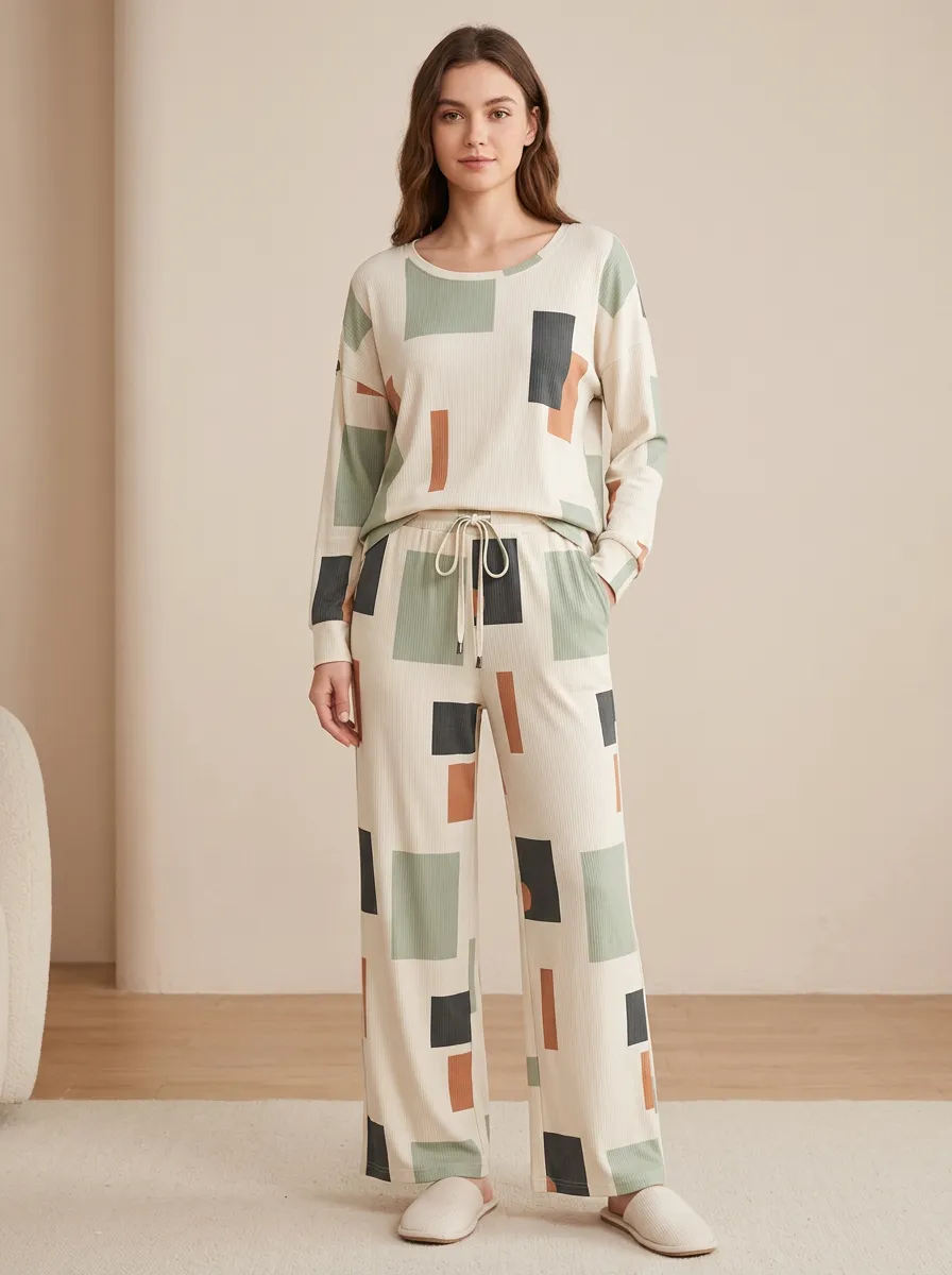 Women's Geometric Abstract Pattern Printed Wide Leg Lounge Pants