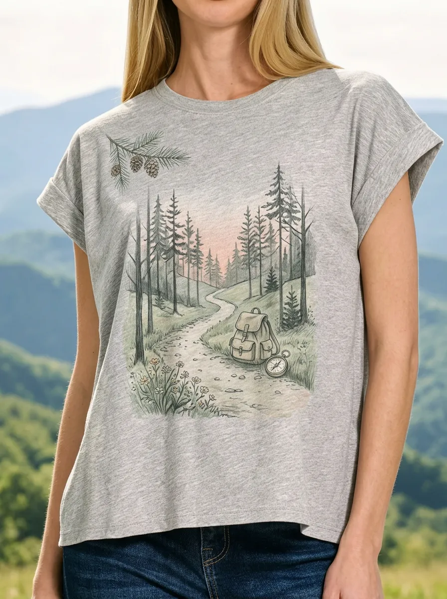 Women's Hiking Lover Forest Trail Backpack Compass Printed T-shirt