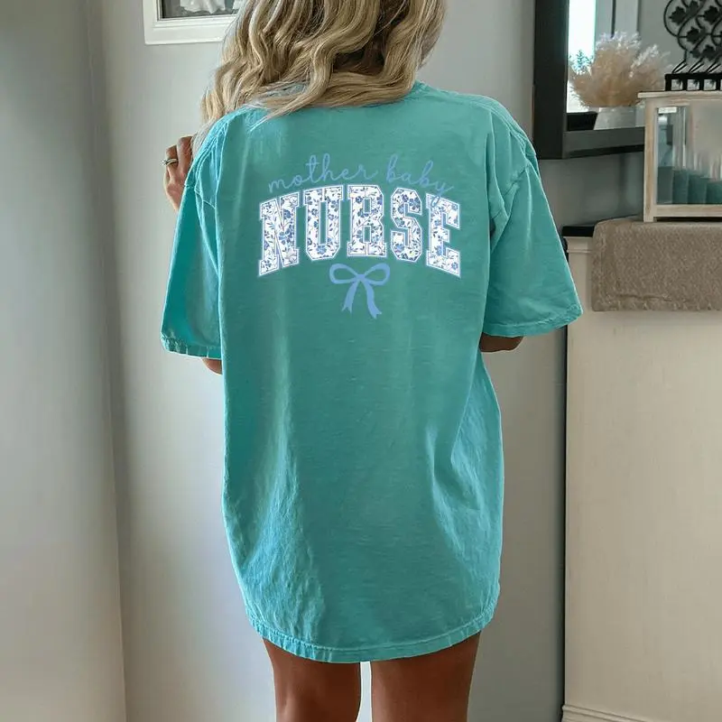 Mother Baby Nurse Coquette Blue Bow Postpartum Nurse Women's Oversized Comfort T-Shirt Back Print