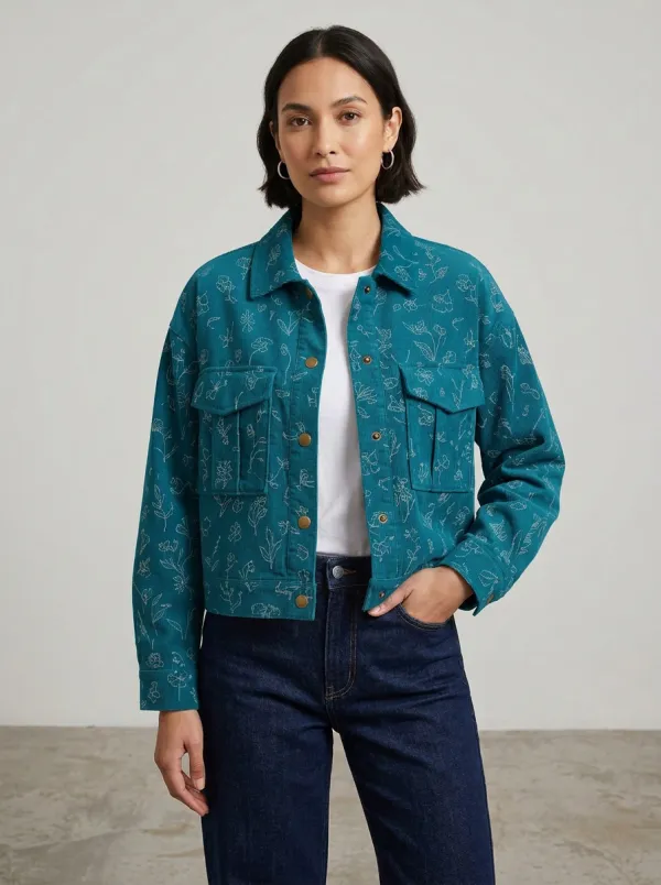 Women's Botanical Floral Line-Art Pattern Corduroy Jacket