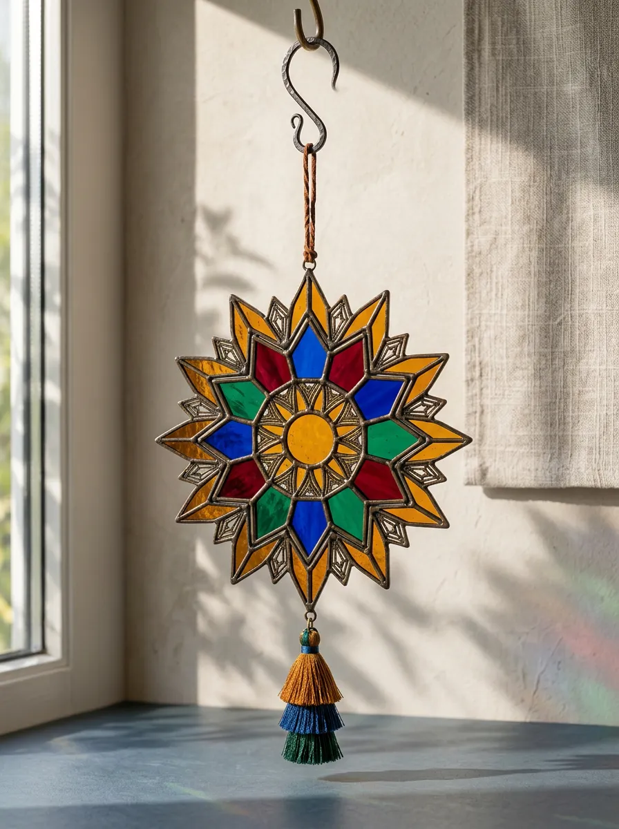 Boho Starburst Stained Glass Tassel Suncatcher
