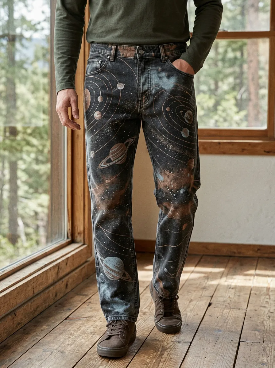 Men's Astronomy Lover Solar System Galaxy Printed Jeans