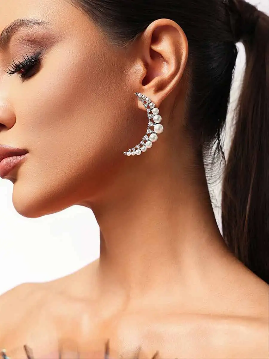 Antonella Diamond Pearl Crescent Earrings