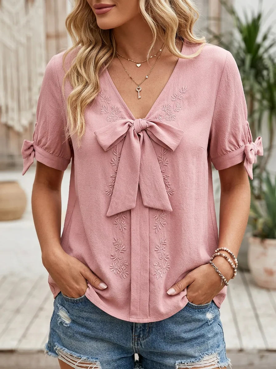 Women's V-neck Bow-detail Short Sleeve Blouse