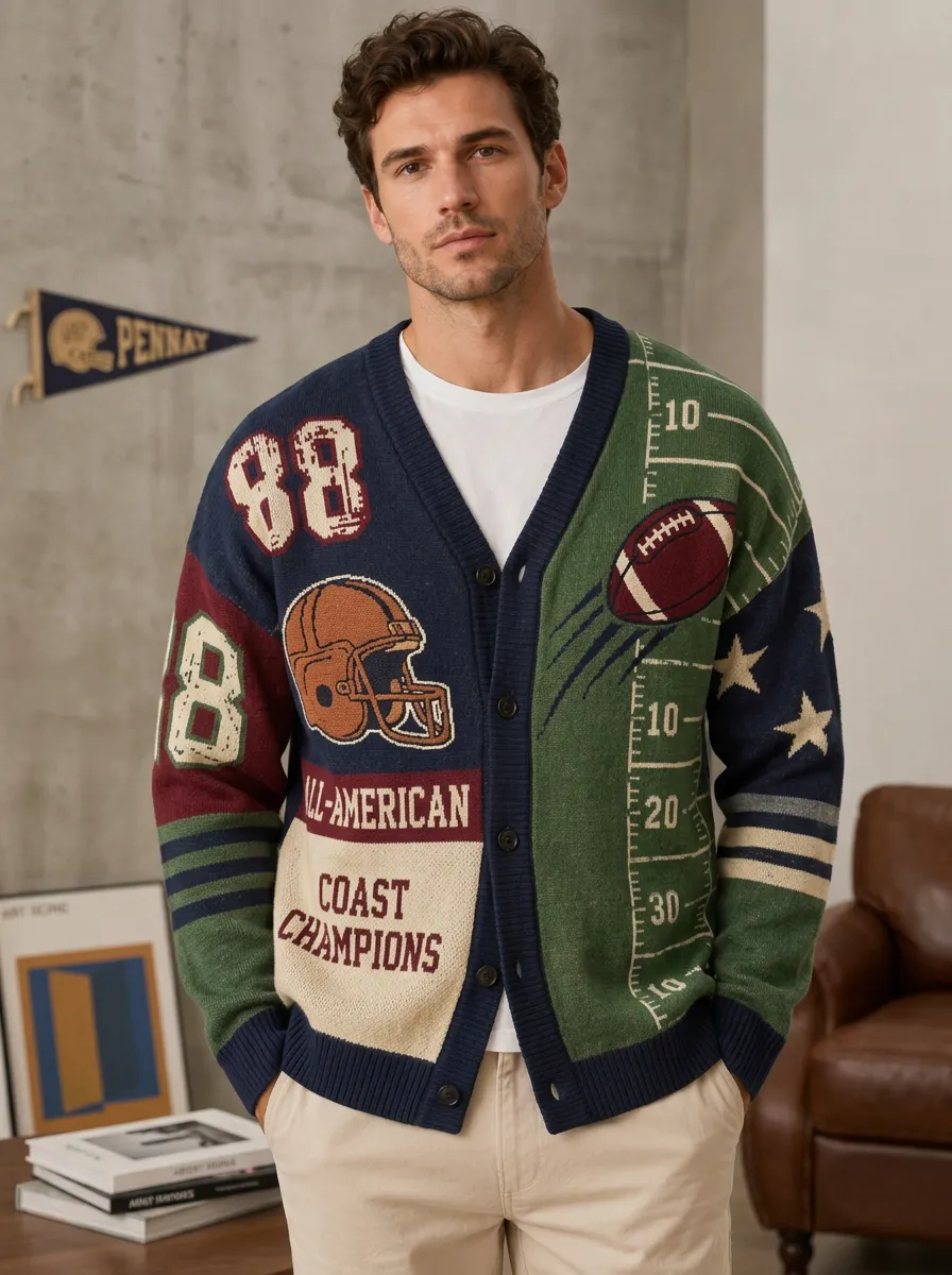 Men's Classic Football Helmet Ball Knit Knit Cardigan