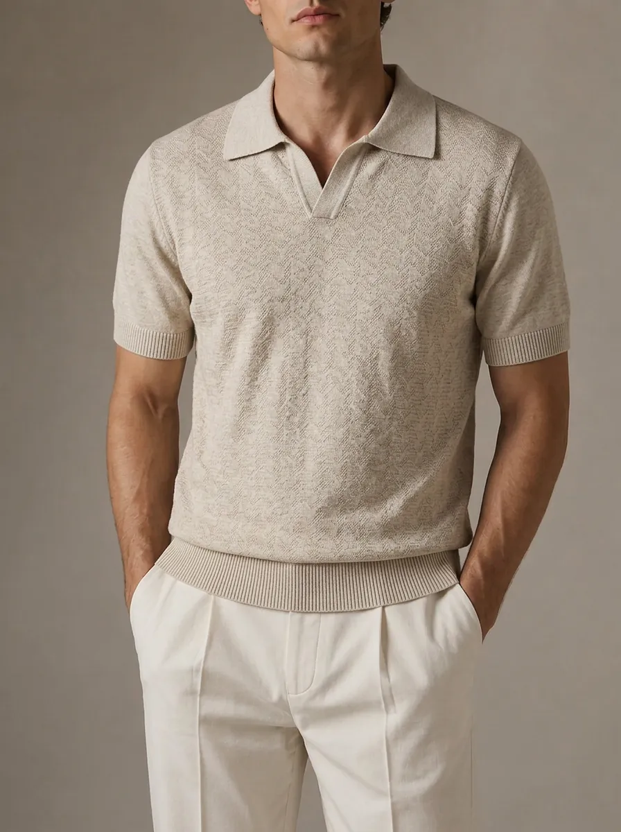 Men's Textured Knit Polo Shirt with Short Sleeves and Open Collar