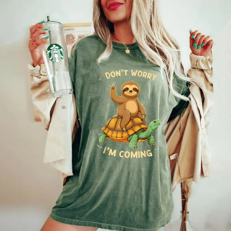 Sloth Riding Turtle Don't Worry I'm Coming Distressed Women's Oversized Comfort T-Shirt