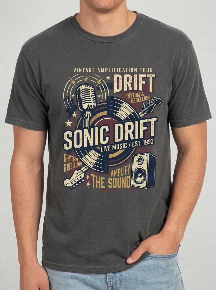 Men's Rock Music Lover Vintage Guitar Microphone Printed T-shirt