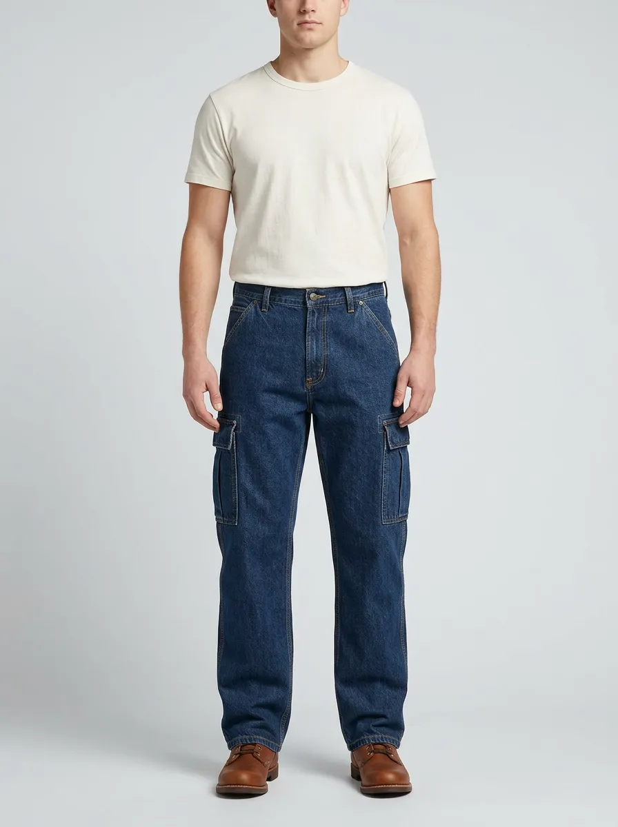 Men's Casual Workwear Dark Blue Denim Cargo Jeans