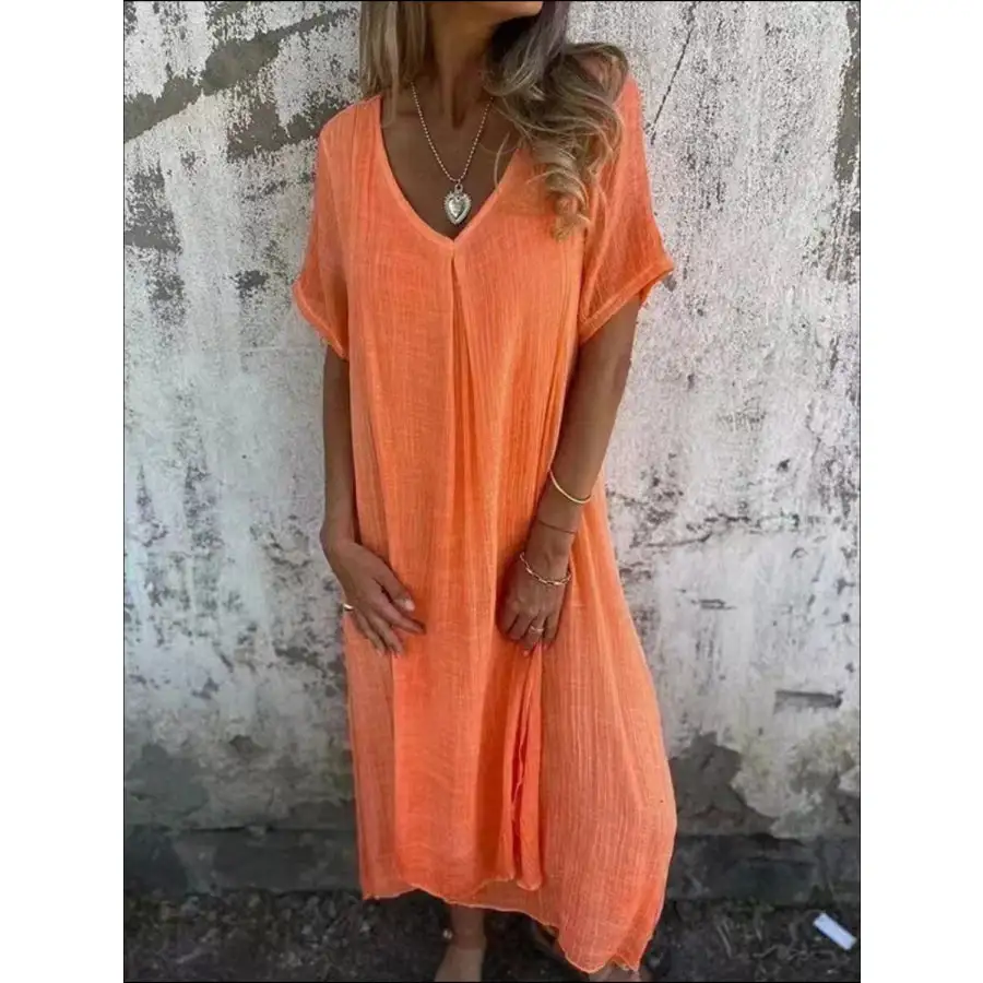 Full Size V-Neck Short Sleeve Midi Dress Plus Size