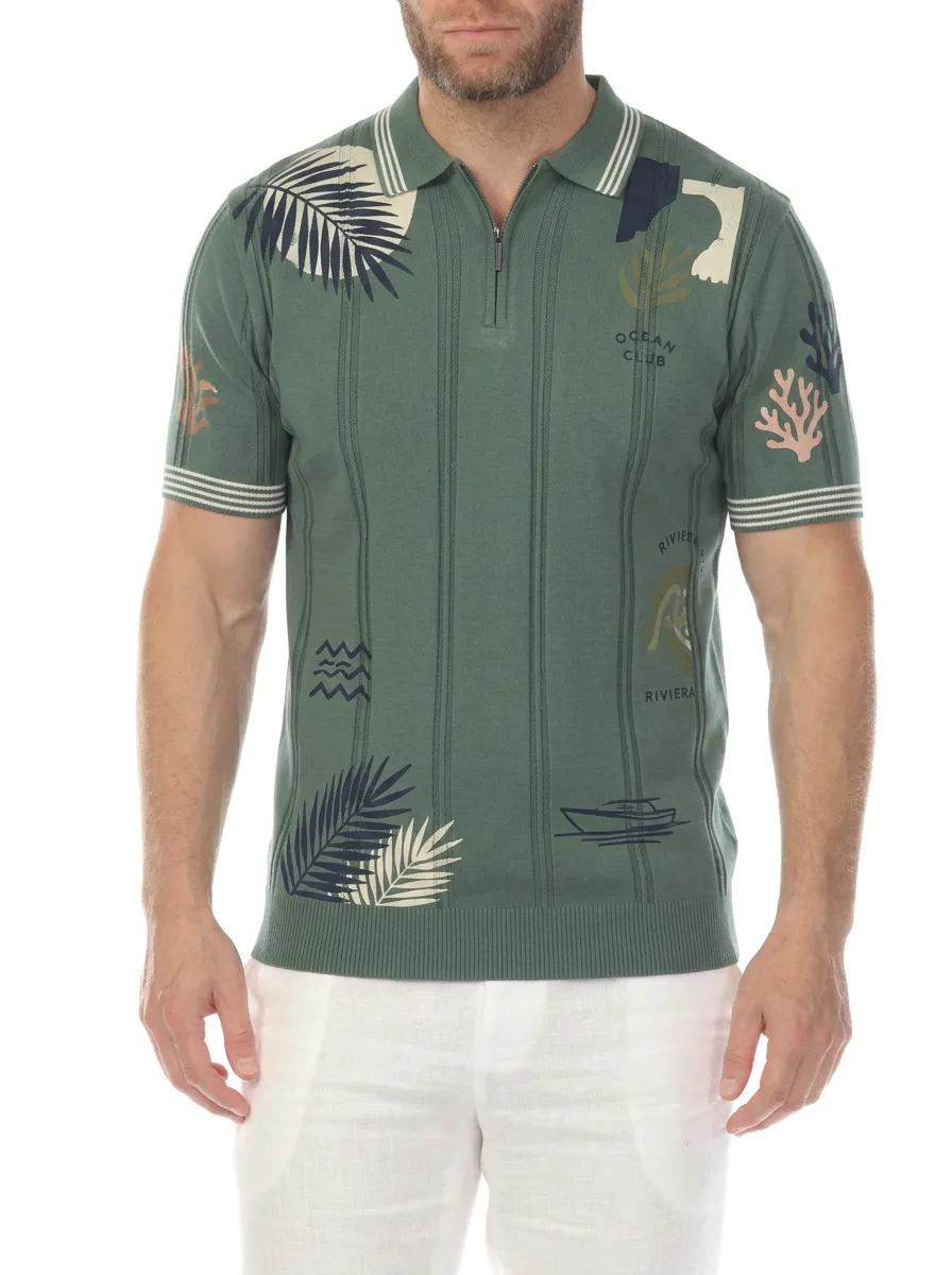 Men's Tropical Ocean Club Palm Leaf Printed Zip Polo Shirt