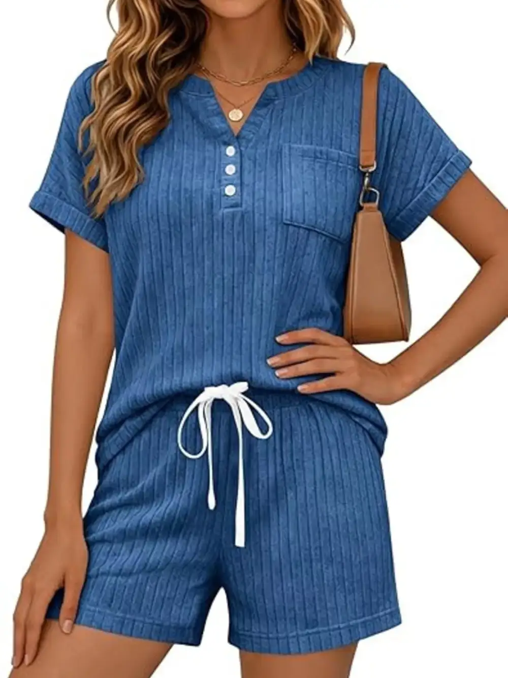 Casual Ribbed Knit Tee Shorts Set