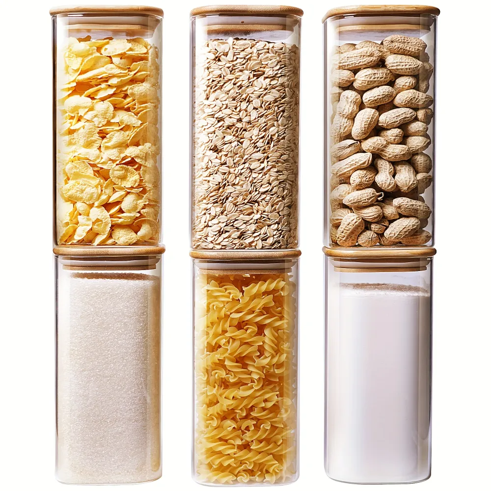 Stackable Glass Food Storage Jars with Bamboo Lids, Kitchen Tool for Pantry Organization