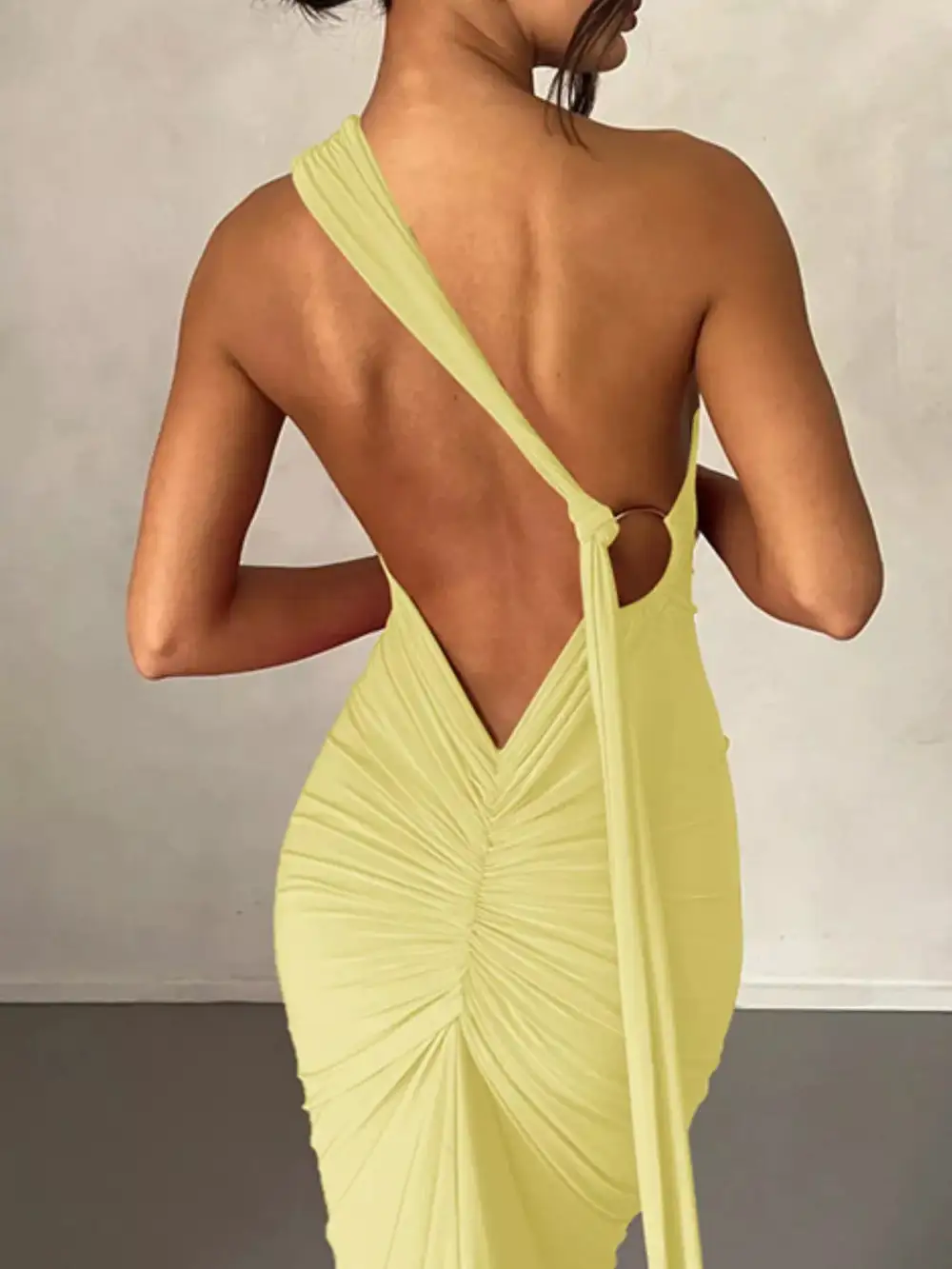 Backless One Shoulder Ruched Bodycon Maxi Dress