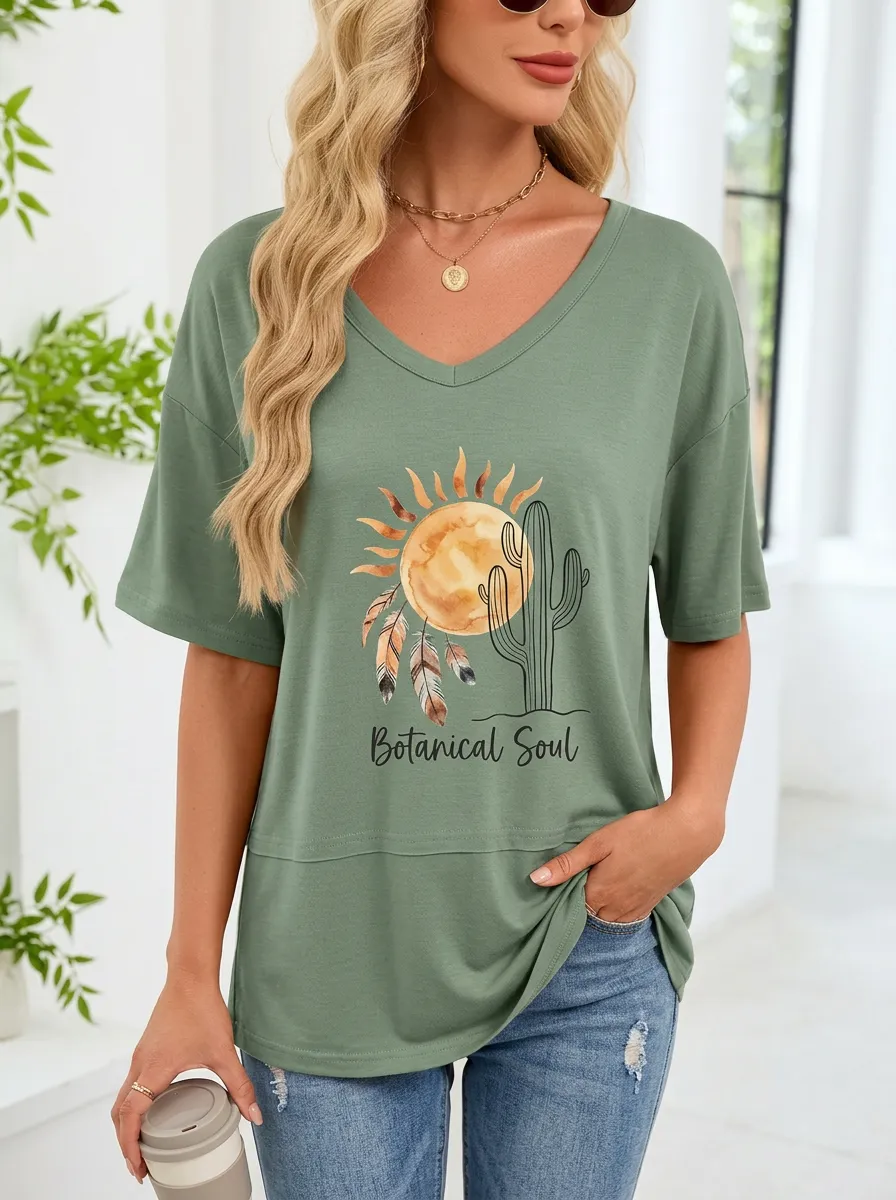 Women's Botanical Soul Cactus Sun Feather Printed V-neck T-shirt