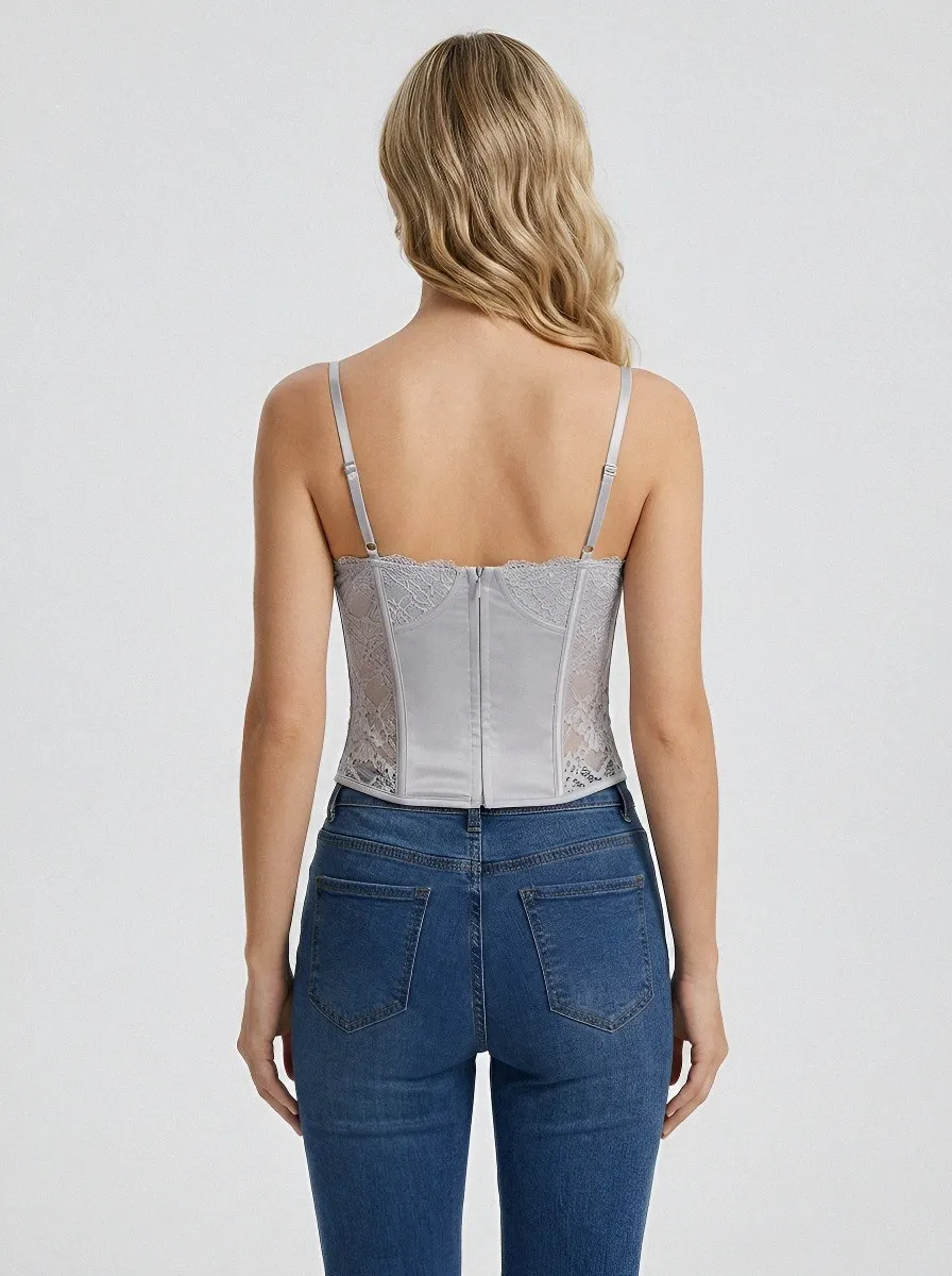 Floral Lace-Trim Hook-Front Women's Corset Top