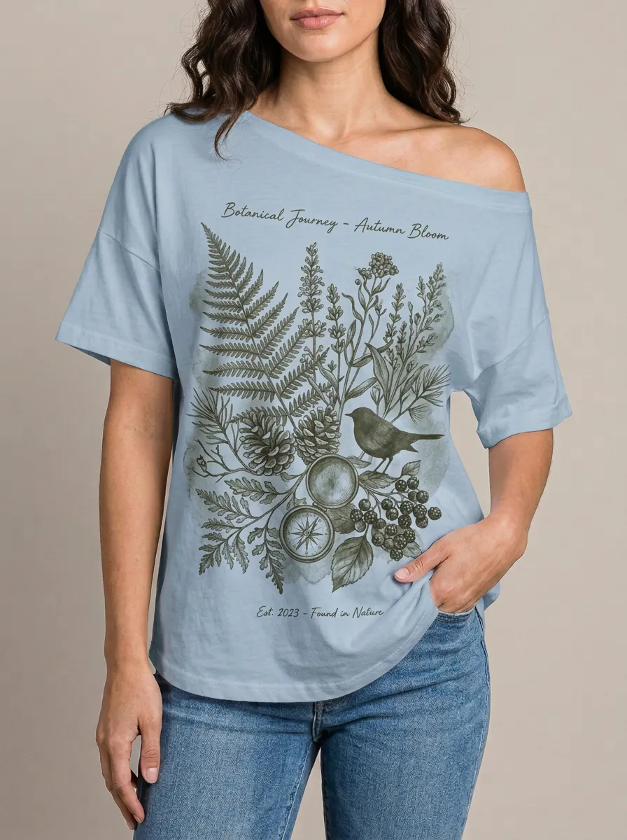Women's Botanical Nature Lover Fern Bird Compass Printed T-shirt