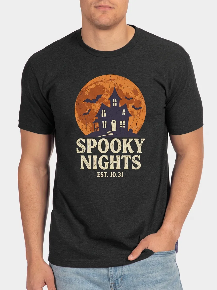 Men's Halloween Spooky Nights Haunted House Printed T-shirt