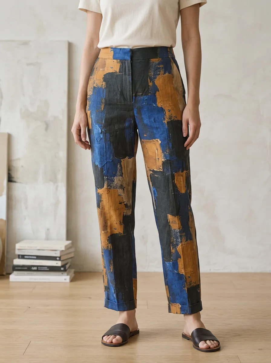 Women's Abstract Art Blue and Brown Brushstroke Printed Pants