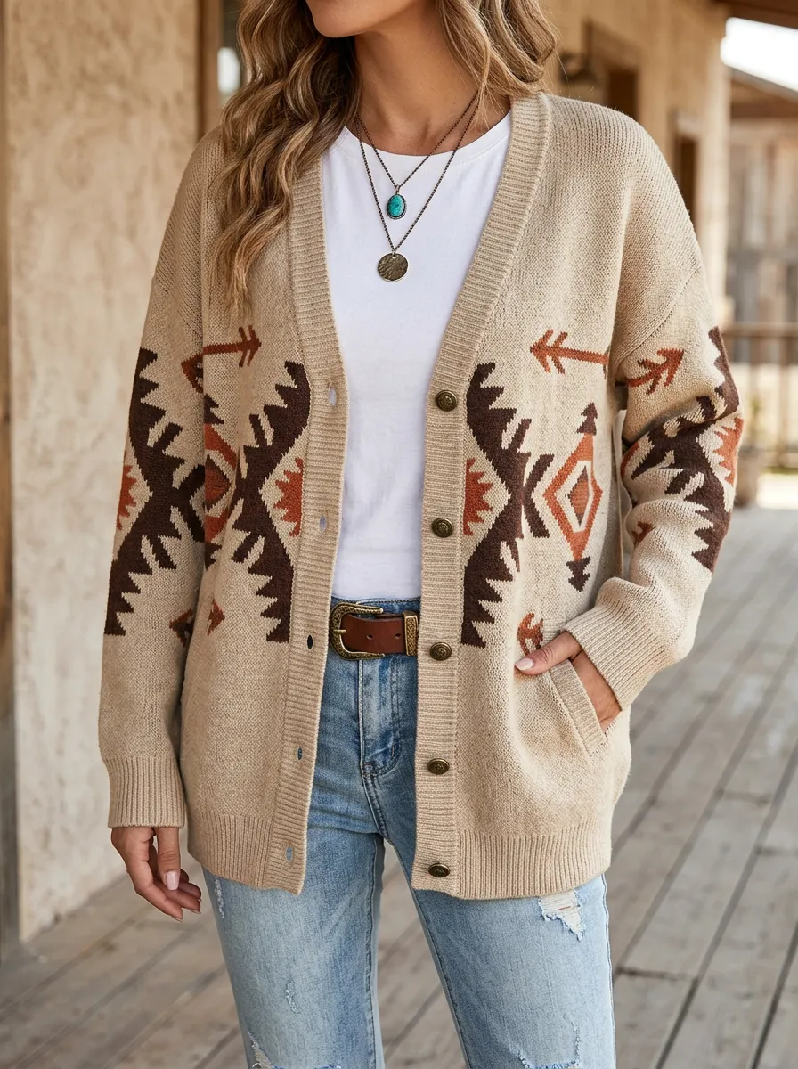 Refined Geometric Knitted Women's Western Knit Cardigan