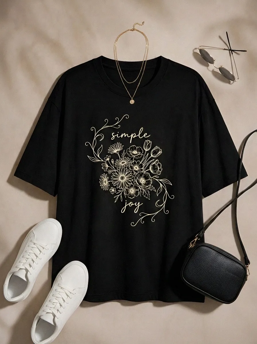 Women's Simple Joy Floral Bouquet Line Art Printed T-shirt