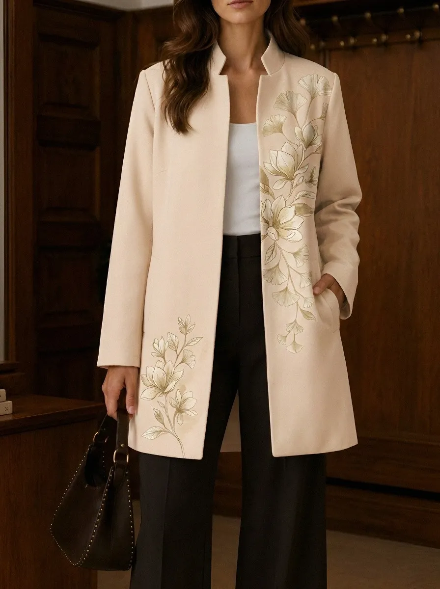 Women's Floral Ginkgo Leaf Beige Printed Coat