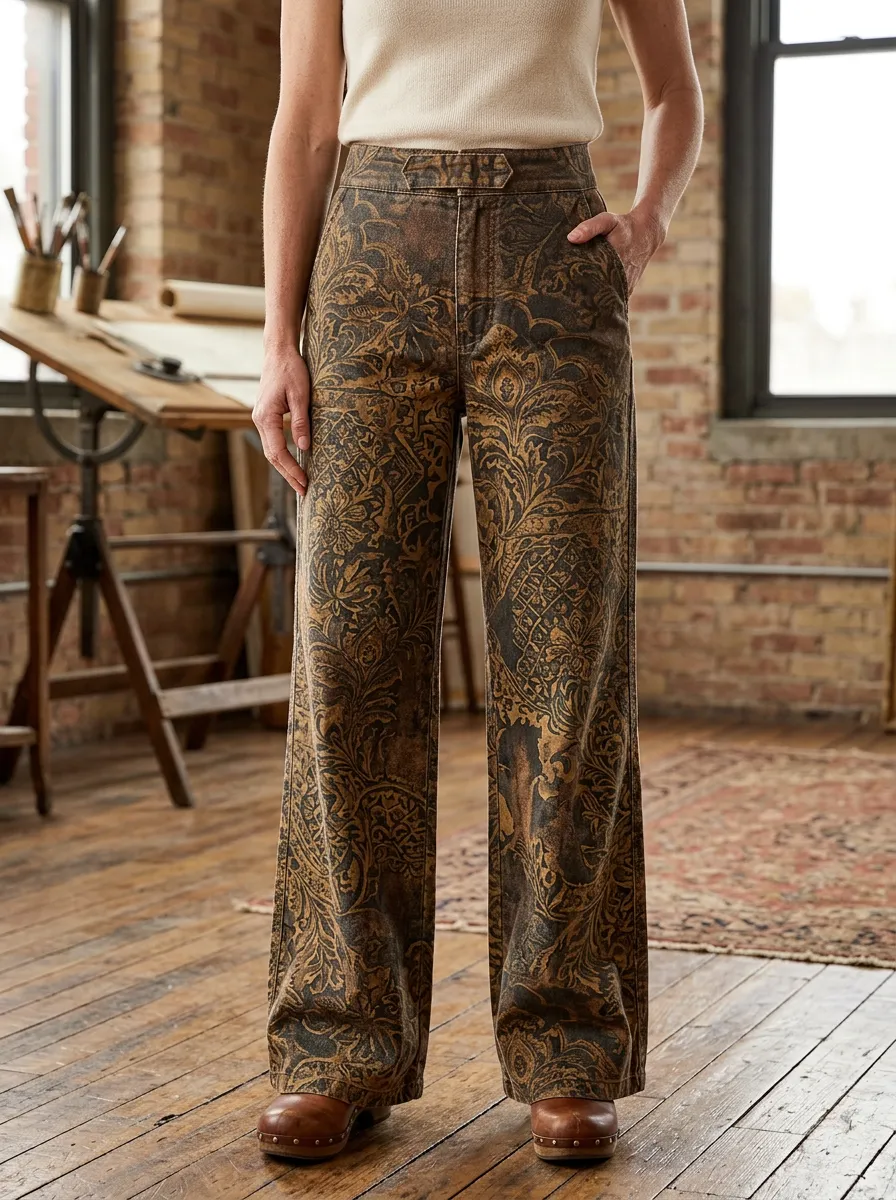 Women's Vintage Boho Paisley Floral Printed Wide Leg Pants