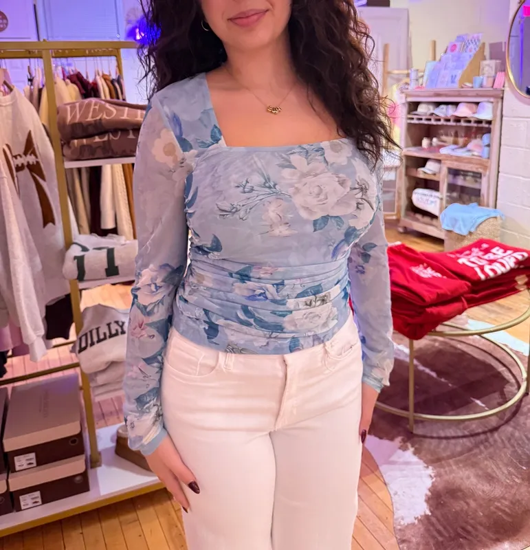 Blue Floral Mesh Relaxed Top