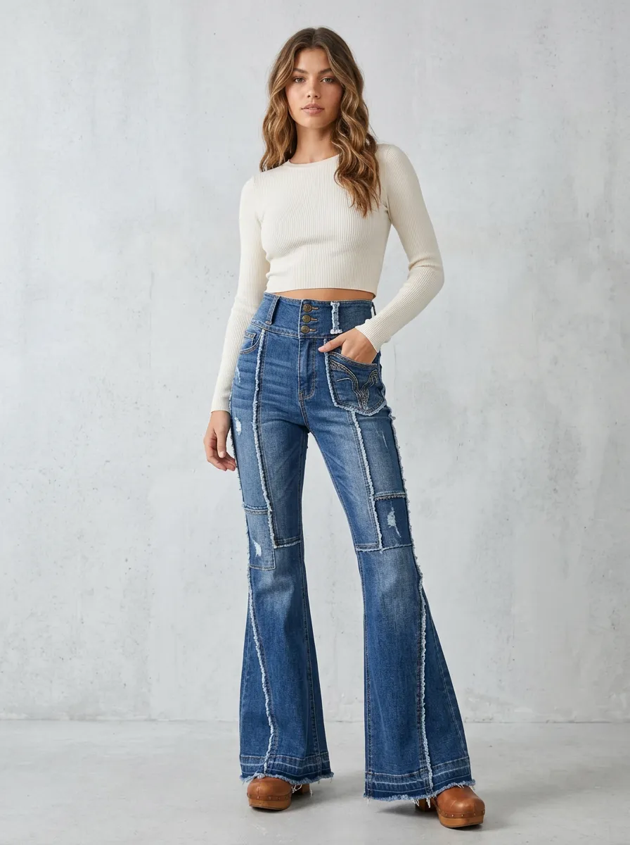 Women's Vintage Style Patchwork Distressed High-Waisted Flare Jeans