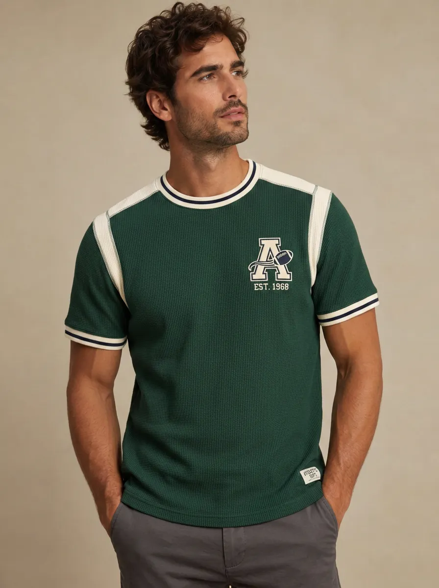 Men's American Football Varsity Letter A Printed Waffle T-shirt