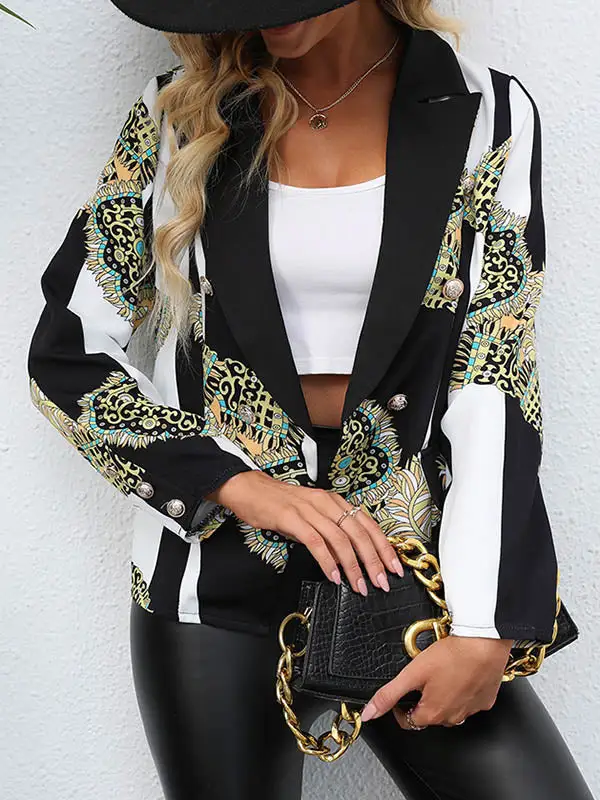 Long Sleeve Relaxed Button Front Pocket Printed Notched Blazer